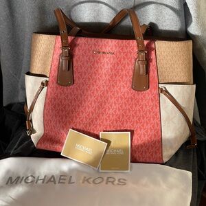 Michael Kors Coral Pink, Tan and Cream Signature Crossbody Tote